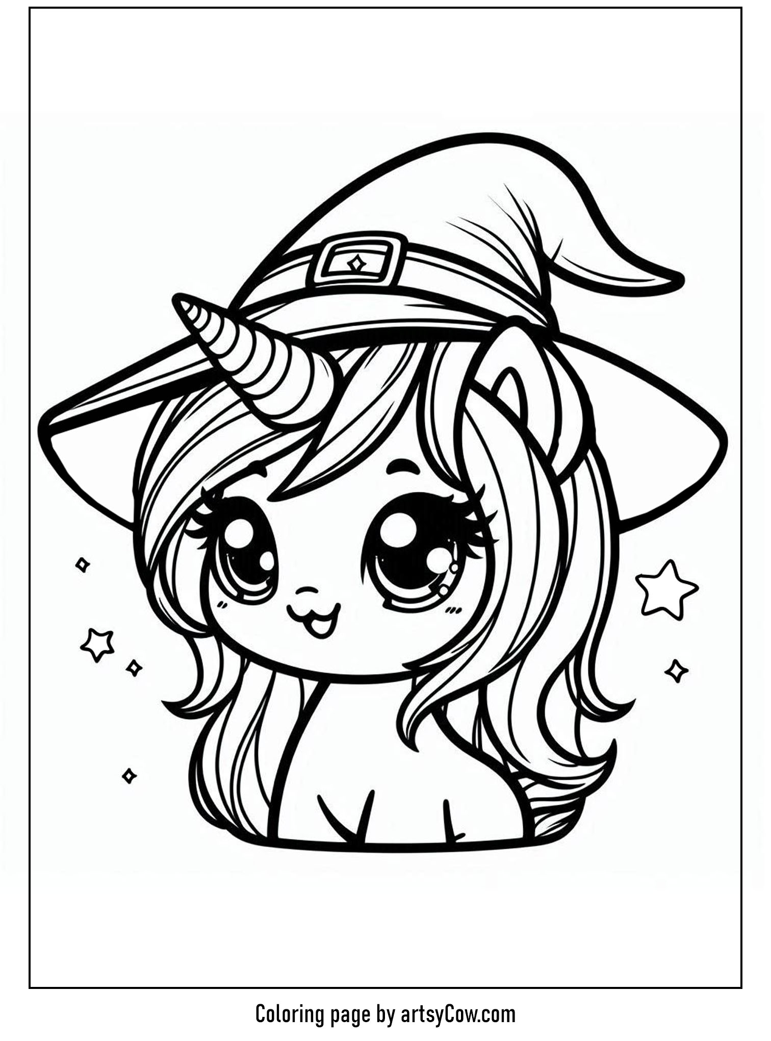 Halloween coloring pages with unicorn 2 featuring a cute unicorn wearing a witch hat with a happy expression.
